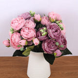 30cm Rose Pink Silk Bouquet Peony Artificial Flowers 5 Big Heads 4 Small Bud Bride Wedding Home Decoration Fake Flowers Faux BATACHARLY