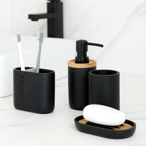 Bathroom Accessories Set Or Single Soap Lotion Dispenser Toothbrush Holder Soap Dish Tumbler Pump Bottle Cup Wood Black or White BATACHARLY