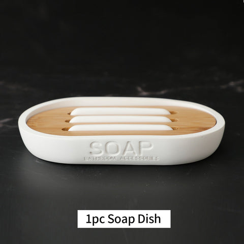Bathroom Accessories Set Or Single Soap Lotion Dispenser Toothbrush Holder Soap Dish Tumbler Pump Bottle Cup Wood Black or White BATACHARLY