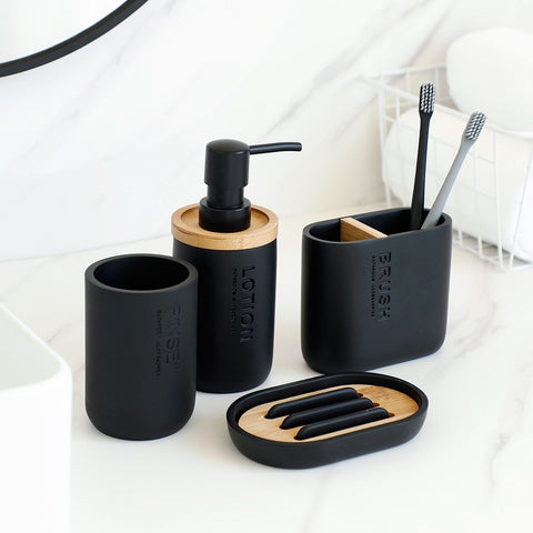 Bathroom Accessories Set Or Single Soap Lotion Dispenser Toothbrush Holder Soap Dish Tumbler Pump Bottle Cup Wood Black or White BATACHARLY