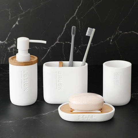 Bathroom Accessories Set Or Single Soap Lotion Dispenser Toothbrush Holder Soap Dish Tumbler Pump Bottle Cup Wood Black or White BATACHARLY