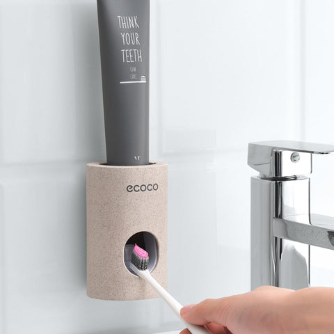 ECOCO Automatic Toothpaste Dispenser Holder Bathroom Accessories Set Toothbrush Holder Toothbrush Wall Mount Rack BATACHARLY