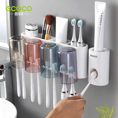ECOCO Automatic Toothpaste Dispenser Holder Bathroom Accessories Set Toothbrush Holder Toothbrush Wall Mount Rack BATACHARLY
