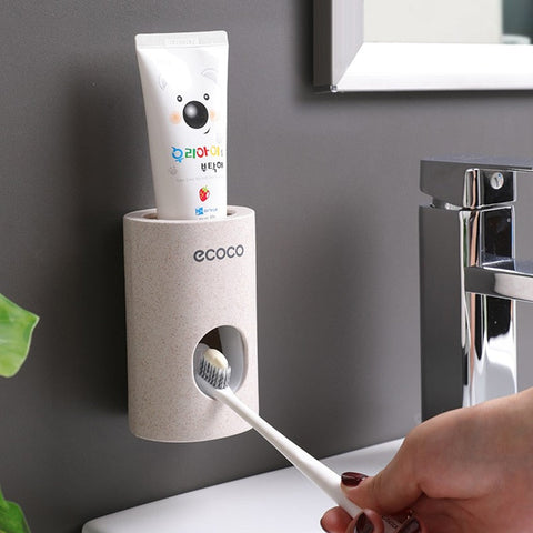 ECOCO Automatic Toothpaste Dispenser Holder Bathroom Accessories Set Toothbrush Holder Toothbrush Wall Mount Rack BATACHARLY