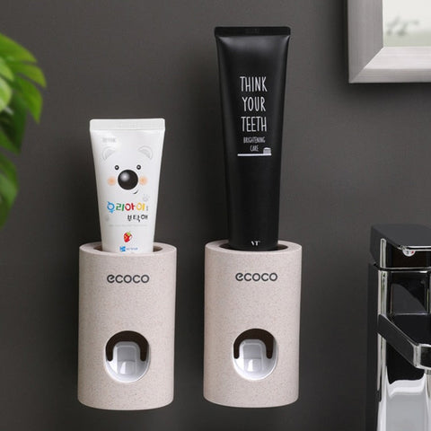 ECOCO Automatic Toothpaste Dispenser Holder Bathroom Accessories Set Toothbrush Holder Toothbrush Wall Mount Rack BATACHARLY