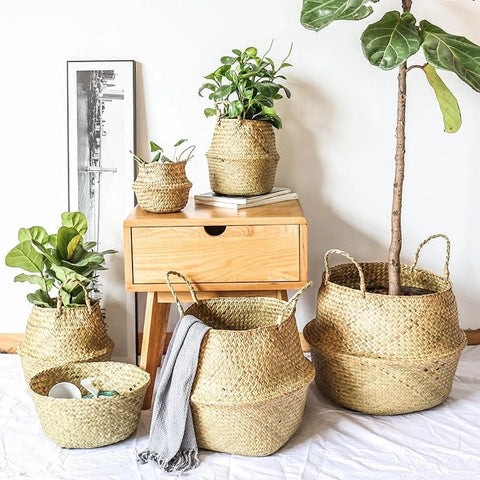 LuanQI Wicker Basket Toy Organizer Folding Rattan Seagrass Storage Basket Laundry Woven Basket Plant Flower Pot For Home Garden BATACHARLY