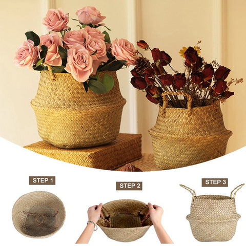 LuanQI Wicker Basket Toy Organizer Folding Rattan Seagrass Storage Basket Laundry Woven Basket Plant Flower Pot For Home Garden BATACHARLY