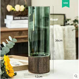 Vases Simple European hydroponic plant household living room table  inserted flower wood base transparent glass vase Home Decor